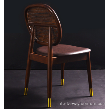 Moderna sedia in legno solido semplice rattan con pu